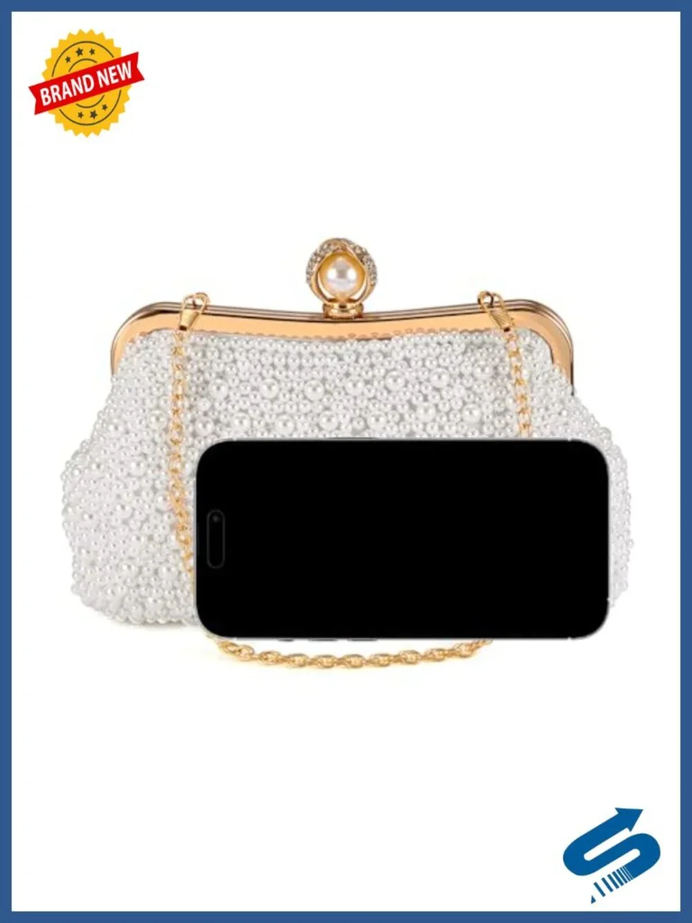 Pearl Clutch Purse Small Crossbody Evening Handbag with Detachable Chain